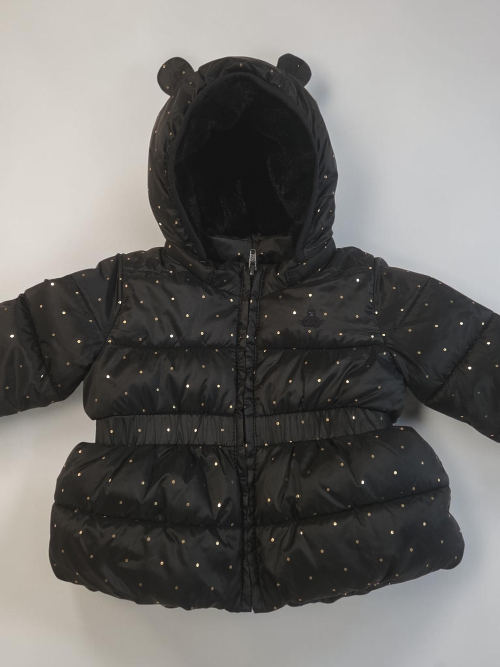 Baby Gap Puffer Jacket 12-18 Months - Black with Gold Dots - Bear Ears Hood
